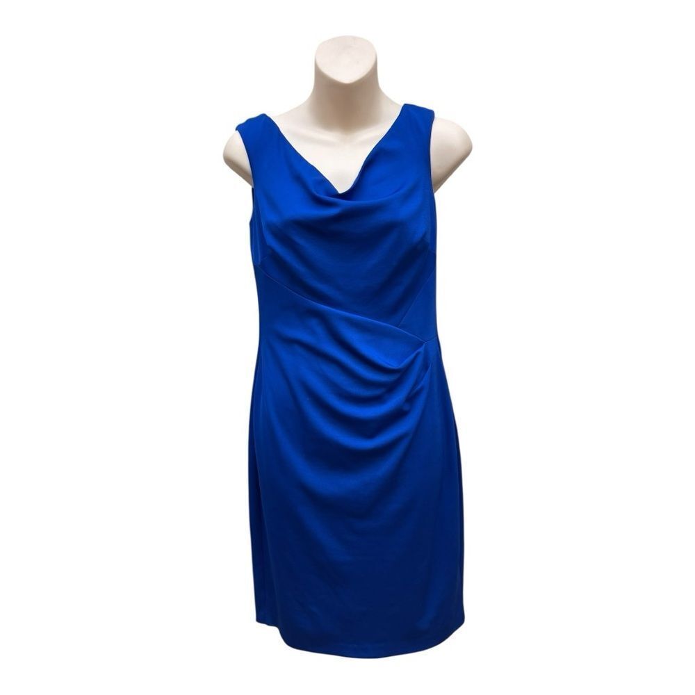 Lauren Ralph Lauren Blue Ruched Sheath Dress Size 4 Cowl Neck Jersey Stretch